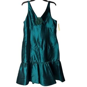 Teri Jon Women Cocktail Dress Emerald‎ Green Silk Sleeveless Ruffle 12 NWT $350
